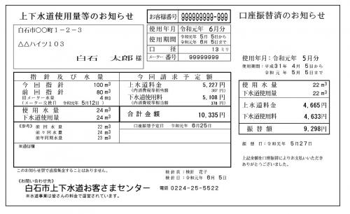 新しい上下水道使用水量等のお知らせ表面の例